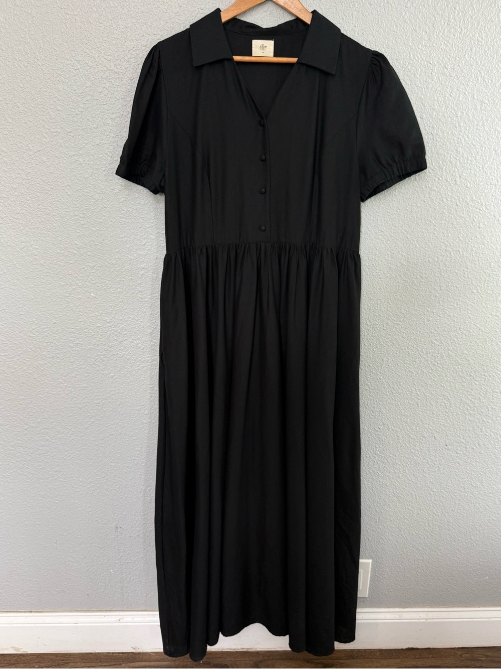 Linen Vibes Classic Black Collared Maxi Dress Size XL Pockets Cotton Blend